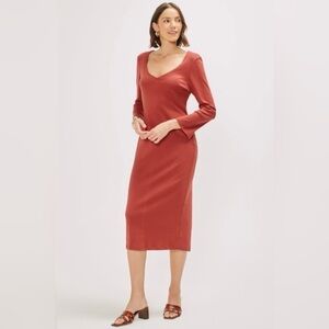 Three Dots Bell Sleeve Dress Russet Brown Solid V-Neck Pullover Sz XL NWT‎